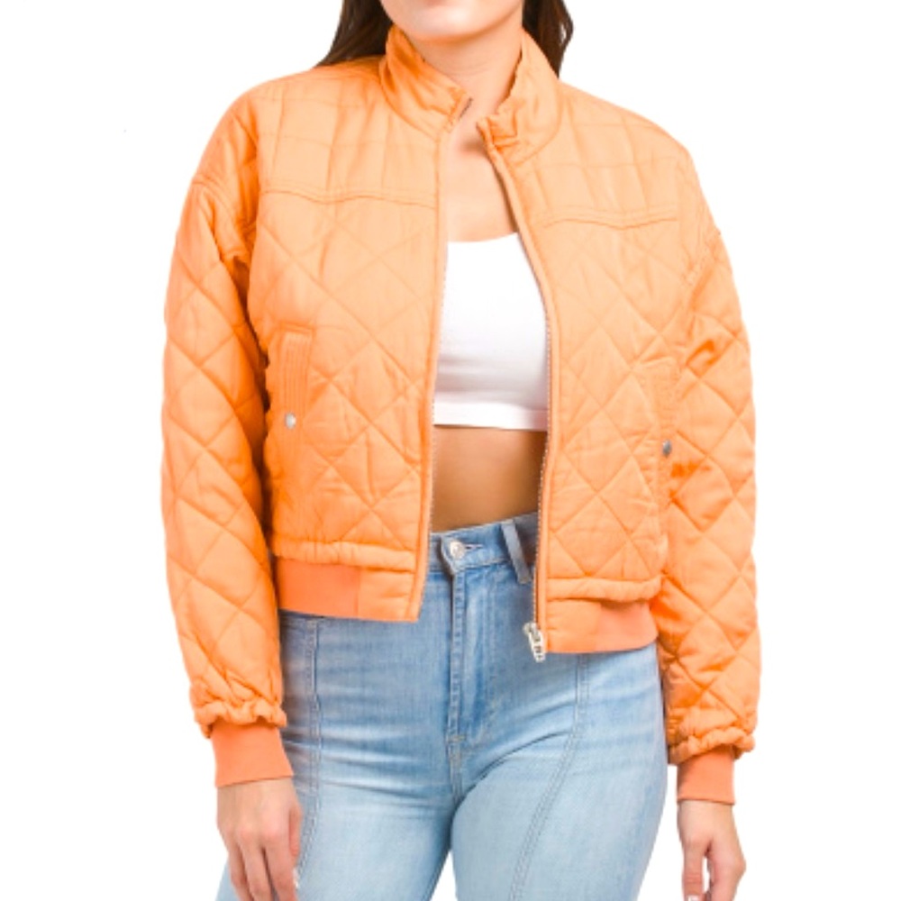NWT BLANK NYC Quilted Jacket Sunset Orange Med Crop Bomber Preppy Pastel 90s